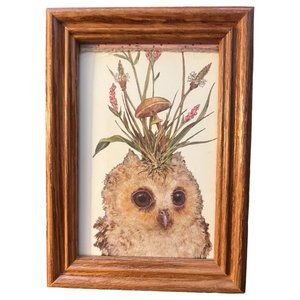 FRAMED Owl Print Mushroom Foliage Flowers Wooden Real Glass Boho Cottage 5" x 7"